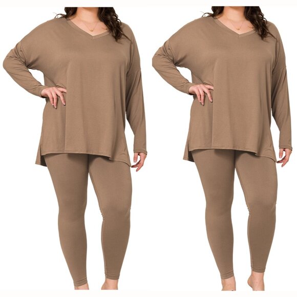 V‑Neck Long‑Sleeve Loungewear Leggings Set – Buttery Soft Brushed DTY Microfiber - Picture 1 of 7